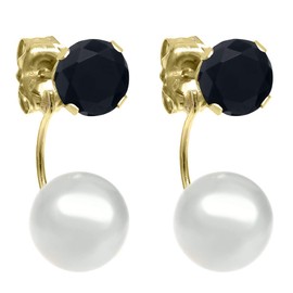 Gem Stone King 14K Yellow Gold Jacket Earrings with 5MM Black Onyx and 6MM Cultured Freshwater Pearl for Women | 0.92 Cttw