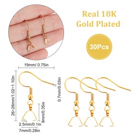 Beebeecraft 30pcs/box earring hooks with clamp loop, 18K gold-plated stainless steel, French wire, ball hook with pendant clasp for jewellery making earrings