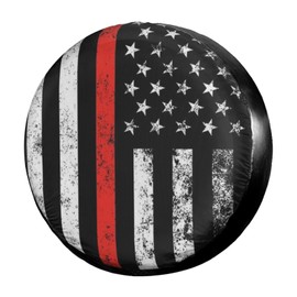 Foruidea USA Patriotic Firefighter Thin Red Line Flag Spare Tire Cover Dust-Proof Wheel Tire Cover Fit Trailer, RV, SUV and Many Vehicle (14, 15, 16, 17 Inch)