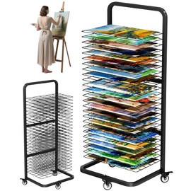 Whoonba Art Drying Rack with 25 Removable Shelves, Mobile Metal Paint Drying Stand with Lockable Wheels, Functional Canvas Rack Art Storage for Artwork in Classrooms, Art Studios and Schools, Black