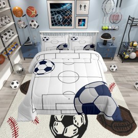 Football Boys Comforter Set King Size, Ball Games Sports Theme Soccer Print Quilt Set for Kids Teens Gamer Room Decor, Football Court Pattern Navy Blue Polyester Bedding Set with 2 Pillowcases
