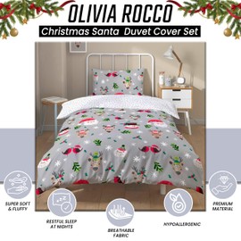 Olivia Rocco Christmas Santa & Friends Duvet Cover Set Festive Holiday Bedding with Santa Claus Comforter Quilt Covers Xmas Bed Set with Pillowcases, Grey Double