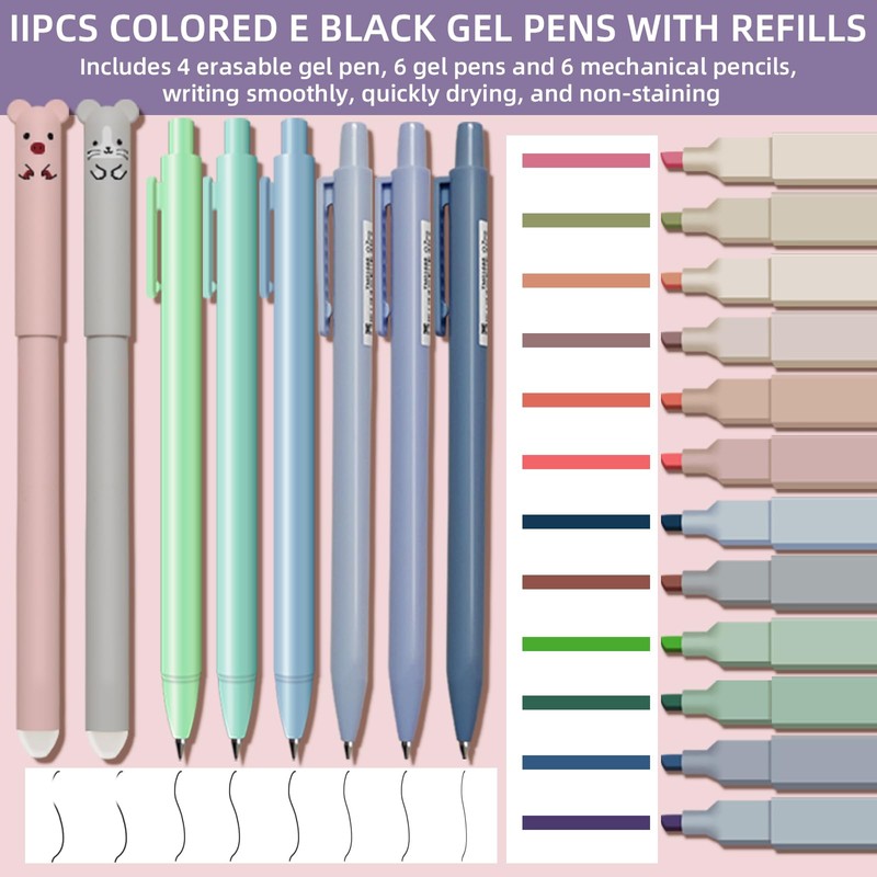 Dacono School Supply Set with Stationery Case, Pastel Highlighters, Gel