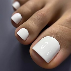 Mrltau 24 Pieces High Gloss White Press On Toenails, Short Square Toenails for Gluing, Cute Plain White Acrylic Design, Toenails, Square Nail Tips, Toenails for Sticking