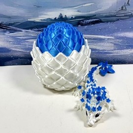 3D Printed Baby Dragon with Dragon Egg, 6" Articulated White and Blue Cherry Blossom Baby Dragon, Home Decor Executive Desk Toys,Fidget Toys for Autism/ADHD BD004-WBE