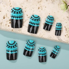Press on Nails Medium Square Fake Nails French Tip Black Cyan False Nails with Bohemian Style Designs Glossy Full Cover Acrylic Nails Stick on Nails for Women Manicure Decor 24PCS