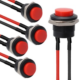 STARELO 5PCS 16mm Round Momentary Push Button Switch SPST 3A AC250V/6A AC125V 2Pin 1NO with Pre-soldered Wire R13-507(Red).