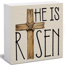 FLVGE Easter Decor, He is Risen Religious Easter Wooden Box Sign, Easter Cross Tiered Tray Decorations, Farmhouse Bunny Table Centerpiece Sign for Party Home Kitchen Dining Table Decor 5x5