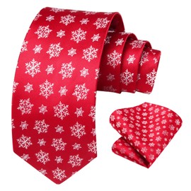 HISDERN Mens Tie Christmas Snowflake Red Ties and Pocket Square Xmas Holiday Funny Silk Ties for Men Woven Jacquard Vacation Party Necktie