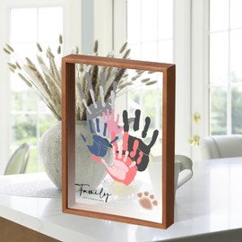 PUDEKO Family Handprint Kit,DIY Colorful Craft Keepsake Family Art Baby Newborn Hand and Footprint Wooden Frame for Home Decor Family Gifts Set(5 Sheets with 8 Colors) (Wood)