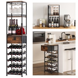 TQVAI Wine Rack, 7-Tier 40+ Bottles | 2-in-1 Modular Split Space Saver | Freestanding Floor Liquor Storage Cabinet with Adjustable Feet & Drawer for Home Bar, Coffee Station, Vintage/Black