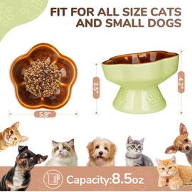 S&Q's CERAMICS Raised Cat Bowl, Elevated Cat Bowl for Food and Water, Ceramic Titled Dish, Anti Vomit & Whisker Friendly, Microwave and Dishwasher Safe (Brown, 5.8")