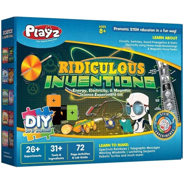 Playz Ridiculous Inventions Science Kits for Kids - Energy, Electricity & Magnetic Experiments Set - Build Electric Circuits, Motors, Telegraphic Messages, Robotics & More Kids Educational Toys