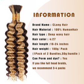 4/27 Honey Blonde Human Braiding Hair Deep Wave Bulk,Highlight No Weft Curly Hair Extensions for Boho Braids Wet and Wavy Braiding Human Hair Bundles(14inch,4/27,100g)