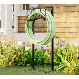 Kingson Portable Garden Hose Holder with Storage Basket - Heavy-Duty Freestanding Steel Stand, Holds 150FT Hose, Black Powder-Coated Finish, Detachable & Space-Saving Design with Tools