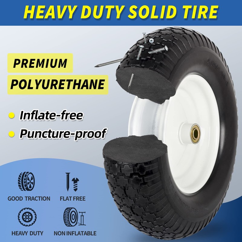 GICOOL 16" Flat-Free Solid Tire and Wheel, 4.80/4.00-8" Wheelbarrow Tire,