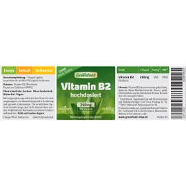 Vitamin B2 (Riboflavin), 250 mg, Hochdosiert Vegi Capsules for Migraines and Headaches., Protect Your Eyes And Skin from Free Radicals (UV Light). No Artificial Additives. GM Free. Vegan., , ,