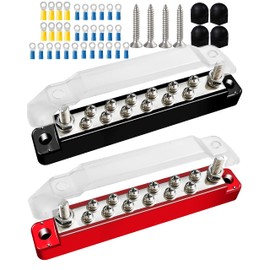 Battery Bus Bar Terminal Blocks, 2 x M6 Terminal Studs & 12 x M4 Terminal Screws, 12V 48V Power Distribution Block with Cover and Ring Terminals, for Car Marine RV Boat, Red and Black