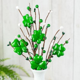Factory Direct Craft St. Patrick's Day Shamrock Set of 3 Pip Berry Picks - Irish Lucky Clovers and Berries Arrangement for Ireland Saint Paddy's Decorations (15 inches high)