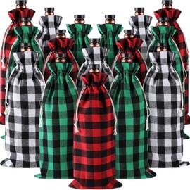Paterr 60 Pcs Christmas Wine Gift Bags 13.8 x 5.9" Xmas Wine Bottle Gift Bags with Drawstring Buffalo Plaid Burlap Reusable Wine Bottle Covers for Christmas Holiday Party Decorations Wedding Birthday