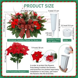 Thiccywoov 3 Pieces Christmas Cemetery Flowers Christmas Snow Frosted Headstone Saddle Red Poinsettias Memorial Bouquets with Vase Berries Snow Pine Tied Outdoor Grave Decoration (Candy Canes)