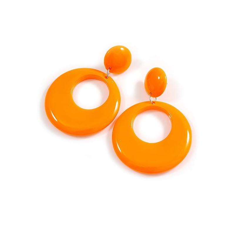 Solid Round Glossy Acrylic Dangle Earrings in Orange Colour/85mm Long/Large