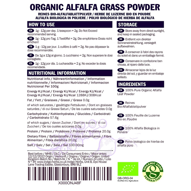 Indigo Herbs Organic Alfalfa Leaf Powder 250g