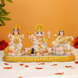 Indian Ganesha Lakshmi Saraswati Statue - 3.9”H Hindu God Ganpati Laxmi for Car Dashboard Decor India Murti Diwali Pooja Gifts for Indian Family Frined Home Office Temple Mandir Altar Puja Item