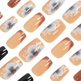 24 Pcs Press on Nails Short Square Nail Tips WLGDLH Fall French Fake Nails Press ons Black Acrylic Nail Kit Full Cover Reusable False Nails Orange Glitter Glue on Nails Flower Nail Art for Ma'am