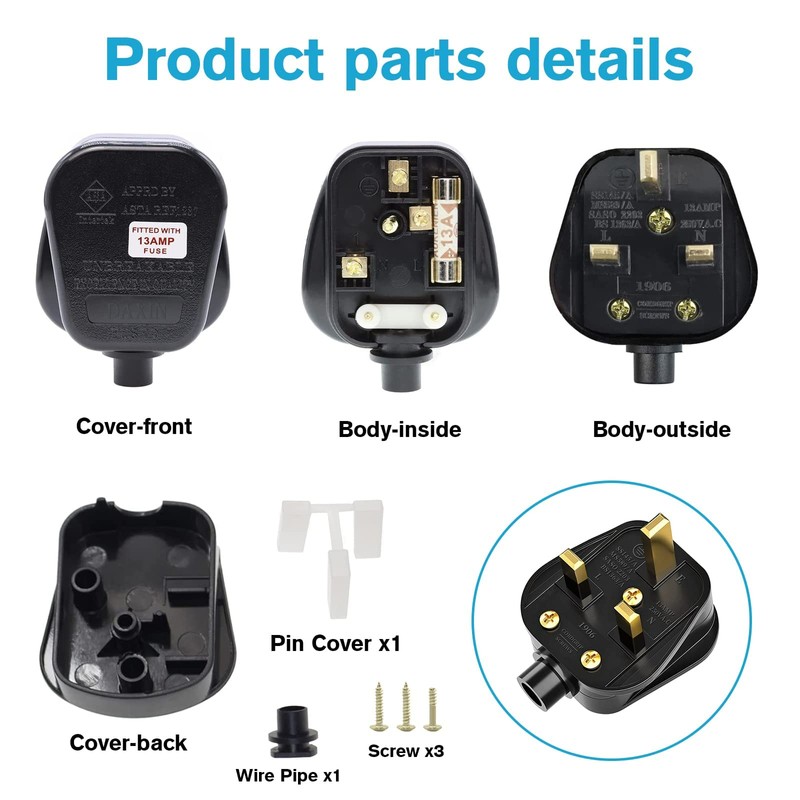 UK Plugs with 13 AMP Fused, 3 pin Mains Plug