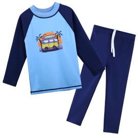 TFJH E Boys Long Sleeve Swimsuits 2PCS Rashguard Set UPF 50+ Surf Bathing Suit 3t 4t Blue Car Long 92/98
