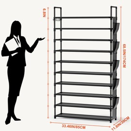 LUKYTOWER Tall Shoe Rack 10 Tier Shoe Racks Organizer for Closet 40-45Pairs,Large Capacity Storage Rack for Shoes with 5Hooks,Sturdy Metal Shoe Shelf, Vertical Shoe Stand Tower