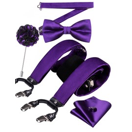 Barry.Wang Suspenders and Bow Tie Set for Men Solid Paisley Bowtie Y Shape Brace Handkerchief Cufflinks 6 Strong Clips, Satin Solid Dark Purple, One Size