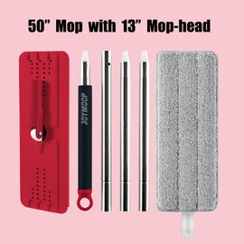 JOYMOOP Flat Mop, Microfiber Mops for Floor Cleaning and Wall Cleaner, 50" Mop with 13" Flat Head with a Microfiber Mop Pad - Black & Red