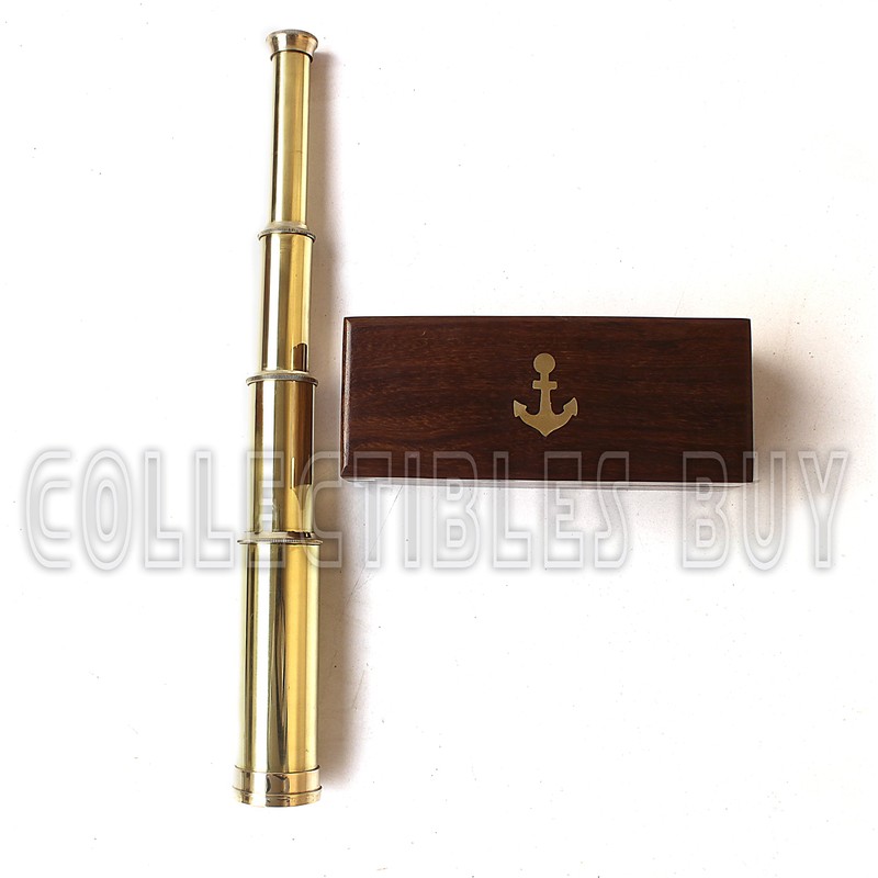 14" Handheld Nautical Three Fold Brass Telescope Maritime Wooden Box