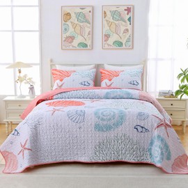 Heymybed Coastal Quilt Set King Size Beach Coverlet Pink Starfish Coral Seashell Bedspread Ocean Beach Themed Bed Cover Microfiber Soft Lightweight Bedding Sets for All Seasons (106"×92")