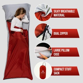 Well Traveled Sleeping Bag Liner, Lightweight Adult Sleeping Sheet for Hiking, Backpacking and Camping, Easily Removable and Washable, Silky Smooth Fabric, Simple to Stuff Sack (Red (Left Zipper))