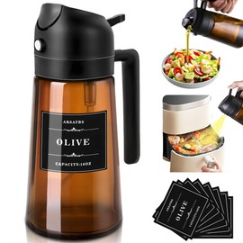 Arsatbs 16oz/470ml Olive Oil Sprayer for Cooking, 2 in 1 Oil Dispenser Bottle Spray and Pour with Stickers, Premium Dark Brown Glass Oil Bottle for Air Fryer, and Salad