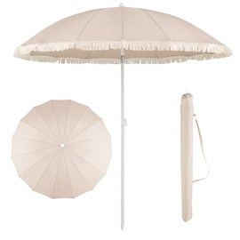 COSTWAY Boho Parasol, 200 cm Garden Umbrella with Fringes, 30° Bendable on Both Sides, Balcony Umbrella with Carry Bag, Patio Umbrella, Market Umbrella for Garden, Balcony, Patio, Beach (Beige)