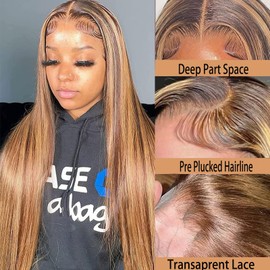 ROLKISA Highlight Ombre Lace Front Wig Human Hair 13x6 HD Transparent Straight Lace Front Wigs Human Hair Pre Plucked 180% Density 4/27 Colored Honey Blonde Human Hair Wig for Women 34Inch