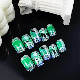TBRZTR Press on Nails Medium Square Green Smudge False Nails with Silver Glitter Powder Design Artificial Acrylic Nails Square Glue on Nails Full Cover Coffin Nails Reusable Stick on Nails for Women