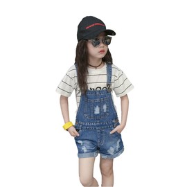 KIDSCOOL SPACE Little Girl Jean Overalls,Big Ripped Denim Shortalls,Blue,9-10 Years