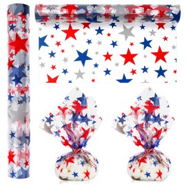 Whaline Patriotic Cellophane Wrap Roll 100ft x 16In 2.5Mil Red Gray Blue Stars Cellophane Paper 4th of July Crystal Clear Cello Wrapping Paper for Independence Day Treats Gifts Basket Party Favor