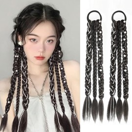 NOELAMOUR Hair Extensions Wig Braid Extensions Twin Tail Kids Hair Extensions (Brown Black)