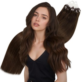 Hetto Brown Micro Ring Hair Extensions Straight Human Hair 22Inch Micro Loop Extension Real Human Hair Micro Beads Hair Extensions #4 Dark Brown 50 Strands 50g