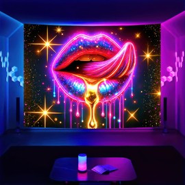 BlissYard Lip Black light Tapestry Hanging Backdrop Glow in The Dark Poster Glitter Lips UV Tapestry for Bedroom Wall Decoration Living Room Artwork Home Room Party Backdrop Decor 78x59 Inch