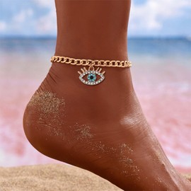 Yienate Boho Evil Eye Anklet Bracelet Gold Cuban Chain Devil Eye Pendant Ankle Chain Minimalist Hawaiian Beach Rhinestone Eye Foot Chain Summer Anklet Jewelry for Women and Girls
