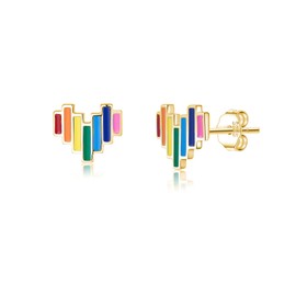 SLUYNZ 925 Sterling Silver Colored Love Heart Earrings Studs for Women Teens Rainbow Heart Stud Earrings (B-18K GOLD)