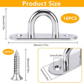 NINGYER Pack of 16 Stainless Steel U-Shaped M5 Eye Plate with 32 Screws, M5 Stainless Steel Eye Plate for Camping, Mounting Hooks, Awnings, Decks (Silver)