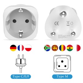 South Africa Travel Adapter, EU to South Africa Travel Adapter, 2 Pack, PABANCE Travel Plug Type M with Earth Protection, Socket Adapter for South Africa, Sri Lanka, Lesotho, Chad, Ghana, Bahrain